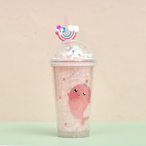 Lovely 450ml Multicolor Rainbow Whale Unicorn Themed Double Wall <b>Plastic</b> Straw Tumbler with Decorative Pastel Pom Pom Filled - Product Image 4