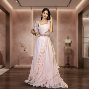 Elegant Pink Chiffon Straight Evening Gown Scoop Neck Asymmetric Ruffles Floor-Length <b>Natural</b> Sequined Embroidery Beading - Product Image 5