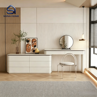 Ensemble de coiffeuse scandinave moderne et minimaliste blanc avec commode à 6 tiroirs et chaise en acrylique pour chambre d'appartement