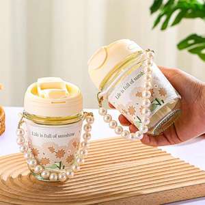 Vaso de vidrio de alta calidad con cadena de perlas, para el hogar, con doble pajita, para café, regalo, contenedor de agua - Product Image 1