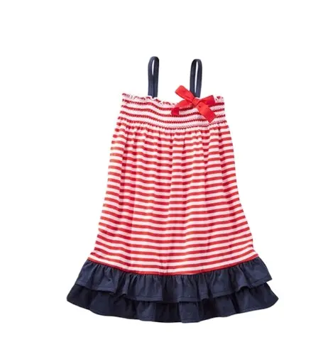 New summer style girl jersey dress red and white striped ruffle bow design retail 100% cotton kids girl clothes CX