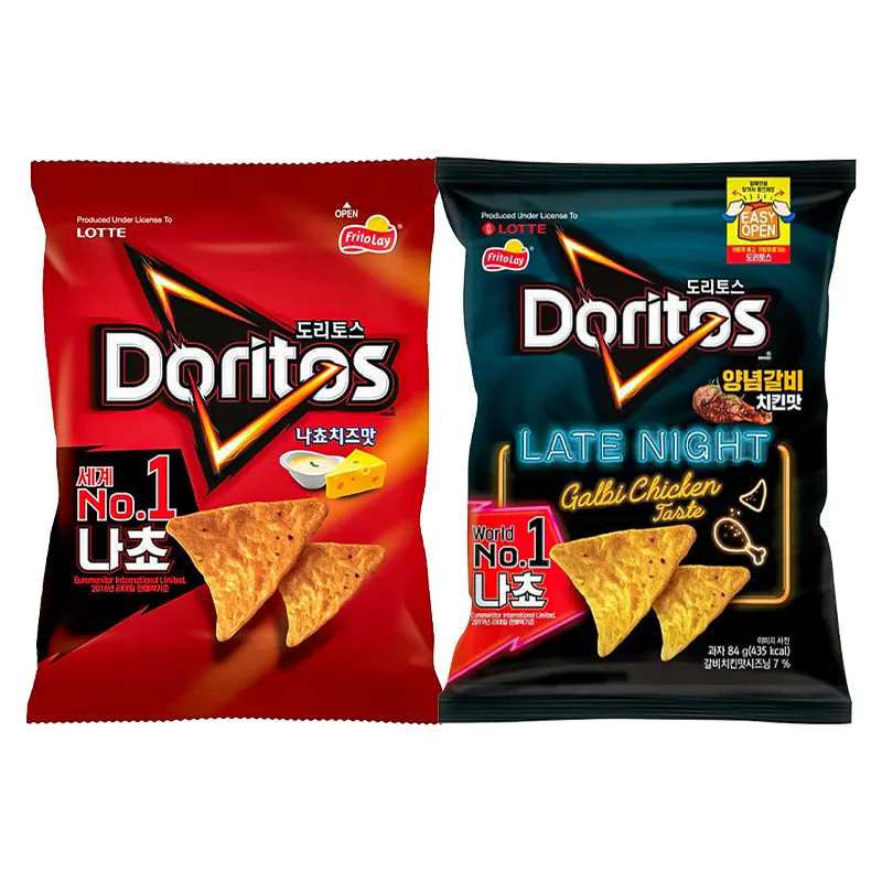 Embalagem de caixa de lanche exótico para Doritos importados da Coreia, batatas fritas para as noites, torrados, frango, salgadinhos e vegetais, preço baixo