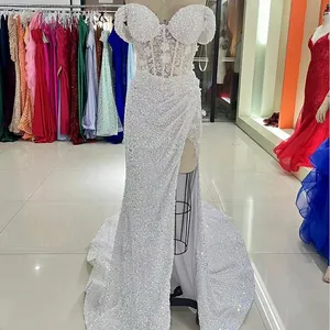 Factory Wholesale White Off Shoulder Sequin Velvet Satin Embroidery Corset Mermaid Prom Wedding Bridal Dresses