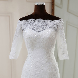 Mermaid Wedding Dress Off-the-Shoulder Scalloped Neckline White Polyester Vintage Style for Petite Brides - Product Image 3