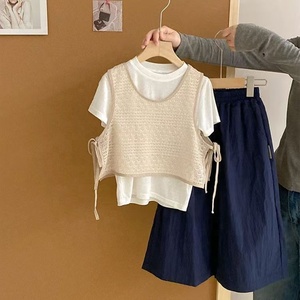 Ensemble de vêtements <span class=keywords><strong>pour</strong></span> filles, 3 pièces, coupe ample, mélange de coton, gilet en tricot, t-shirt, jupe, tenue <span class=keywords><strong>pour</strong></span> les activités quotidiennes - Product Image 3
