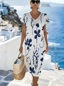 Vestido de punto floral verde <span class=keywords><strong>esmeralda</strong></span> para mujer, vestido midi de verano con cuello en V y manga corta, malla pointelle, 100% poliéster, estampado, ropa de resort - Product Image 1