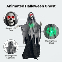 Décor d'Halloween Grim Reaper animé grandeur nature de 185 cm, squelette fantôme agitant les bras activé par le son avec des yeux rouges lumineux et un torse vert