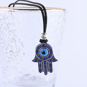 Schwarzes Seil mit Legierung Hamsa Anhänger Halskette Silber Extender Kette Blaue Steine und Evil Eye auf Fatima