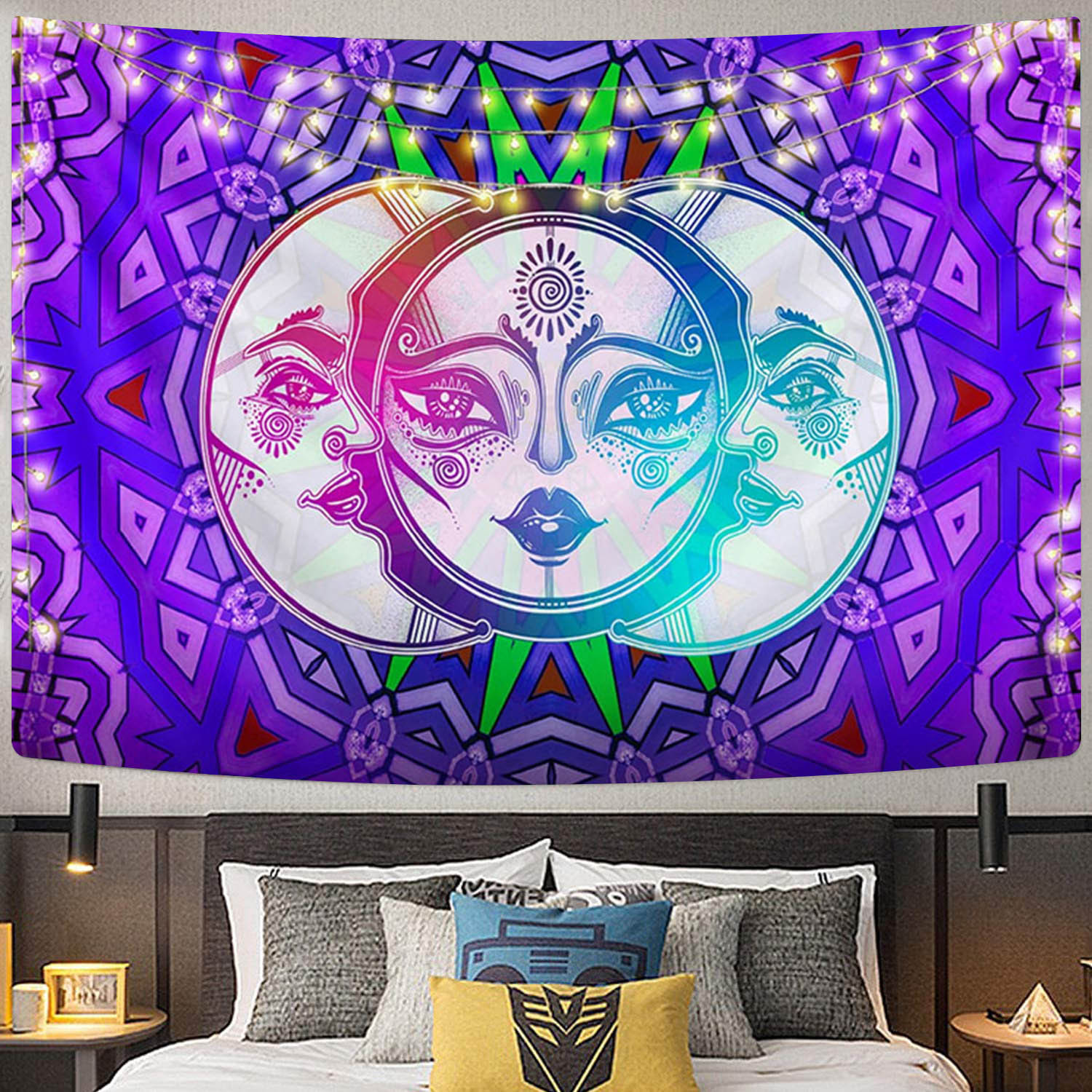 de pared alienígena Hippie cara de Luna brillante flor tapiz psicodélico tapiz de pared para la decoración del hogar