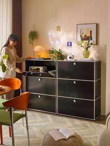 Middle Ancient Module Movable Drawer Door <strong>Black</strong> Bauhaus Solid Wood Sofa <strong>Side</strong> Rack Porch Storage Minimalist <strong>Cabinet</strong> - Product Image 4