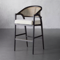 Chaise haute de salle à manger BST en bois de frêne antique, style luxe léger, avec dossier en rotin et structure en bois, tabouret de bar pour comptoir de salle à manger