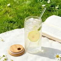 Bouteille d'eau en verre borosilicaté 16oz couvercle en bambou gobelet en verre pour boisson au lait à boire avec paille