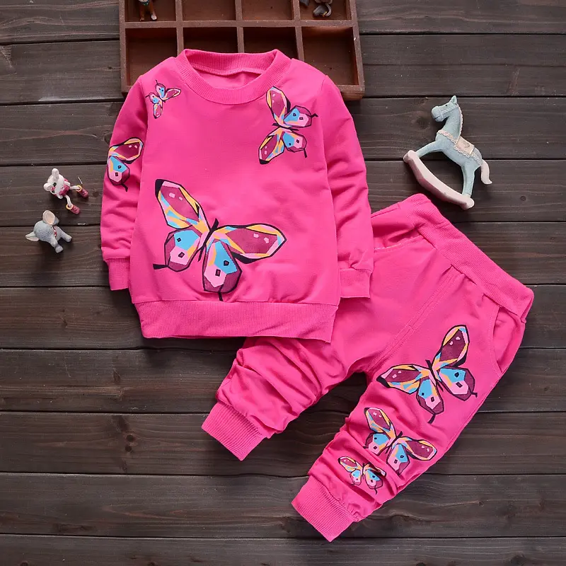 Girl Butterfly Print Set Selling Customized Cartoon Animal Long Sleeve Set Toddler Girl 2 Piece Suit Kids Girl Clothing Set
