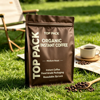 Sachet personnalisé OEM mat refermable à fond plat et huit soudures latérales pour café instantané biologique torréfaction moyenne et café lyophilisé en vente au détail