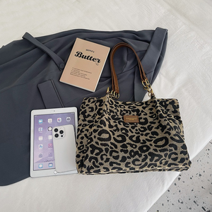 Sac fourre-tout tendance grande capacité rétro imprimé léopard pour femme, sac à bandoulière décontracté en toile, sac à main pour jeunes filles - Product Image 2