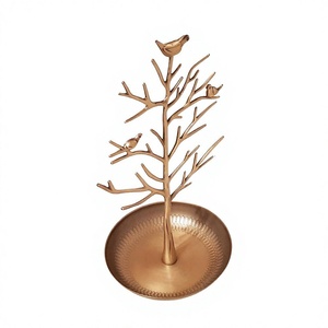 Présentoir à bijoux en métal en forme d'arbre avec oiseaux et plateau rond, organisateur de bijoux pour boucles d'oreilles, bagues, bracelets et colliers - Product Image 1