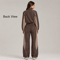 Conjunto Cortavientos Marrón de MOQ Bajo, Etiqueta Privada, Chaqueta Corta Tejida y Pantalones de Pierna Ancha, Conjunto de Dos Piezas para Mujer