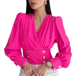 Sexy Deep V-neck Chiffon for Women Shirt Blouse Office Lady Long-sleeved short waist puff-sleeved shirt Casual Crop Top shirts