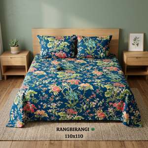 Parure de lit élégante en coton Rang-Birangi, drap imprimé avec taies d'oreiller, motif vert traditionnel, pour usage domestique - Product Image 3