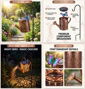 Arrosoir solaire avec lumières LED en cascade, lanterne suspendue décorative imperméable pour l'extérieur avec crochet de berger pour le jardin - Product Image 2