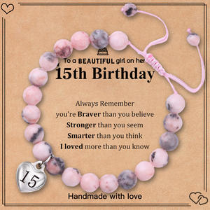 Bracelet en pierre naturelle de jaspe de zèbre rose avec carte de <span class=keywords><strong>message</strong></span>-13e 16e 18e 21e 25e 30e Bracelet en pierre naturelle cadeaux d'<span class=keywords><strong>anniversaire</strong></span> - Product Image 4