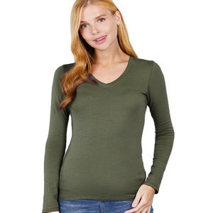 OEM Designs Women Long Sleeves t Shirts V Neck with High Quality <b>Material</b> and Custom Printing Methods - Product Image 1