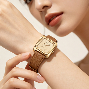 Montre-bracelet à quartz carrée pour femme avec logo personnalisé, bracelet en cuir véritable, coffret cadeau, montre minimaliste tendance pour femme - Product Image 2