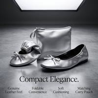 Chaussures plates pliables pour femmes avec logo personnalisé, argent métallisé, à enfiler, pour voyage, avec nœud, portables, vente en gros