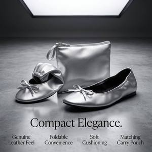 Zapatos Planos de <span class=keywords><strong>Ballet</strong></span> Plegables para Mujer con Logotipo Personalizado al por Mayor, Zapatos Metálicos Plateados Enrollables para Viaje, con Lazo Decorativo y Bolsa Portátil - Product Image 5