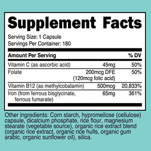 Suplemento de Hierro de Alta Potencia, Apto para Vegetarianos, Sin OMG, Sin Gluten, con Vitamina C, Folato, Vitamina <span class=keywords><strong>B12</strong></span> - Product Image 2