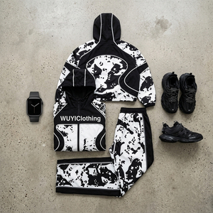 Trendy Men's Black and <b>White</b> Ink Splatter <b>Tracksuit</b> Set Oversized Zip-Up Hoodie and Baggy Wide Leg Pants Custom Logo Streetwear - Product Image 3