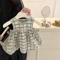 Ensemble de vêtements pour bébés filles, style coréen, été, décontracté, sans manches, imprimé à carreaux, 2 pièces, vêtements mignons pour enfants