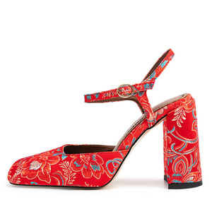 Sandales à talons hauts épais pour femme, grande taille 45, à bout carré, motif floral, en soie, pour soirée, coupe large, avec boucle de cheville - Product Image 1