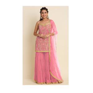 Nouveau déjeuner fausse georgette avec broderie séquence travail Sharara Salwar costume pour les femmes de fournisseur indien - Product Image 1