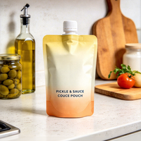 Pochettes souples personnalisables à texture premium avec bec verseur pour sauces, vinaigrettes et légumes marinés, emballage autoportant pour ustensiles de cuisine