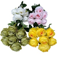 Bouquet de roses artificielles avec feuilles vertes, bouquet de roses en soie à 7 têtes
