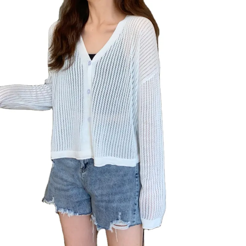 2023 얇은 카디건 상단 외부 느슨한 얇은 속이 빈 단색의 니트 긴 소매 셔츠 여자의 여름 한국어 버전