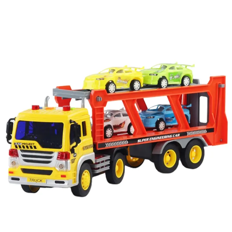 Camión transportador de coches de plataforma plana, tractor excavador, camiones de juguete Push and Go, camiones de construcción para niños pequeños, niños y niñas
