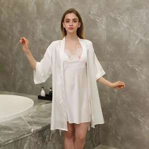 Vendita calda estate Sexy pigiami in pizzo da donna Set al ginocchio abito da notte con tessuto termico in seta satinata vestaglia per la stagione primaverile - Product Image 3