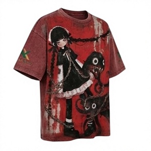 T-shirt rouge surdimensionné pour homme avec imprimé de personnage d'anime, manches courtes, style streetwear, col rond, jersey en coton - Product Image 2