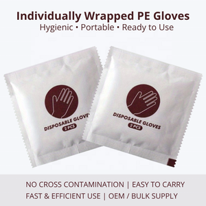 MOQ 50k Gants en plastique jetables imperméables de qualité alimentaire, emballés individuellement, transparents, pour le nettoyage de la cuisine - Product Image 1