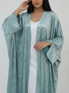 Leduo Customized Luxury <b>Mint</b> Green Shiny Satin Open Abaya - Elegant Modest Kaftan <b>Dress</b> with Wide Cuffs - Product Image 2