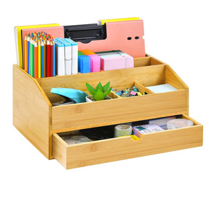 Organizador de escritorio de bambú con compartimentos y cajón para almacenamiento de artículos de oficina, tipo rectangular vertical - Product Image 2