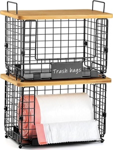 Lot de 2 supports empilables pour sacs poubelles avec dessus en bambou et étiquettes, distributeur de sacs poubelles standard pour sacs poubelles petits ou grands - Product Image 2