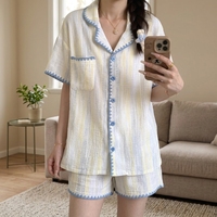 Ensemble de pyjamas en coton de lait extensible et respirant à carreaux, manches courtes, pour la maison