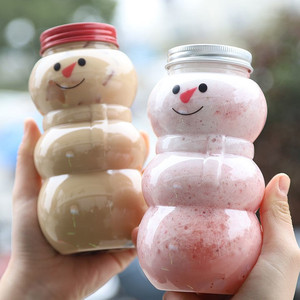 Botella Transparente de Plástico PET de Alta Gama de 500 ml y 16 oz con Forma de Muñeco de Nieve Navideño y Tapa de Aluminio para Envasar Jugos, Leche, Té y Dulces - Product Image 1