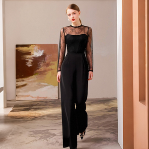 Zicht 74026 nuova <span class=keywords><strong>tuta</strong></span> da donna a manica lunga nera primavera estate comoda elegante in <span class=keywords><strong>pizzo</strong></span> con motivo solido per festa di carriera - Product Image 3