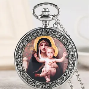 Komi Groothandel Vintage Klassiek Groot Zakhorloge Religieuze Maagd Mary En Jesus Motief Quartz Zakhorloge Voor Mannen Vrouwen Cadeau