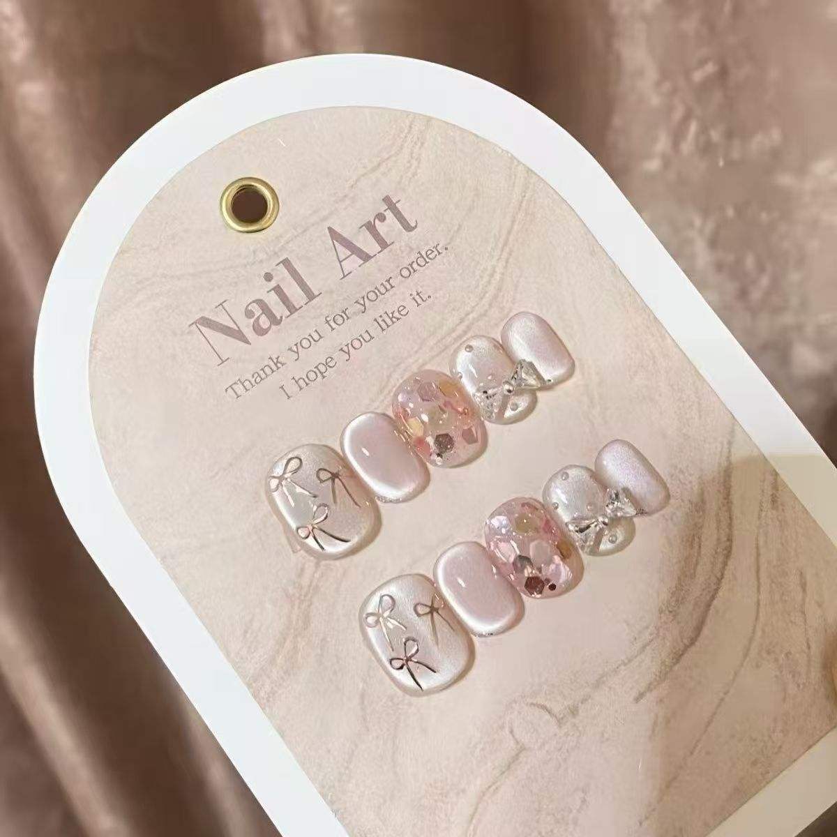 Qianya Kawaii Handmade Cat Eye Press on Nails with Dried Flower Bow Designs 10pcs Gentle Elegant Brightening Reusable Fake Nails