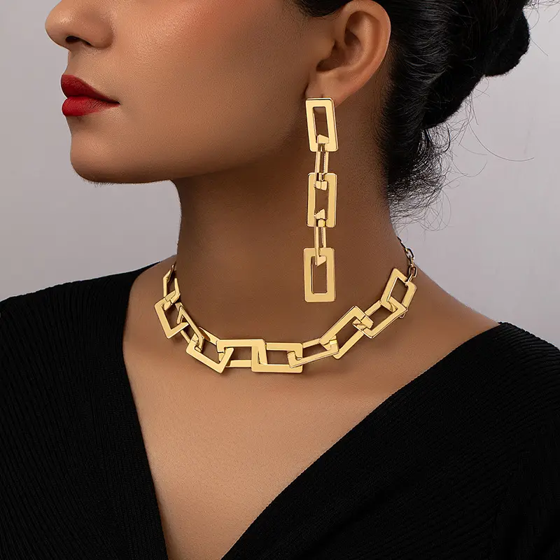 Punk Geometric Rectangle Thread Splicing Hip Hop Chunky Thick Heavy Collar Cuban Link Necklace Earrings Jewelry Set